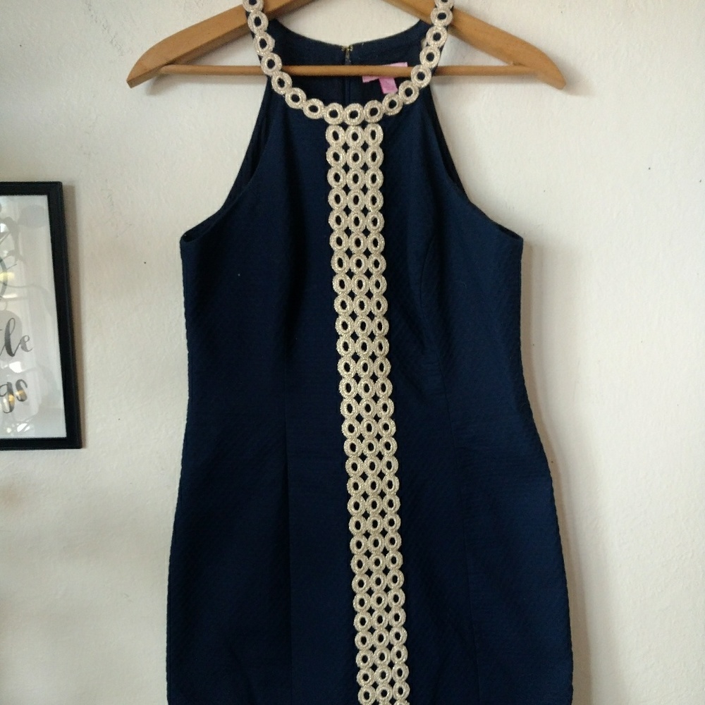 Lilly Pulitzer Sasha Shift Dress Blue Gold Lace 2 - Picture 5 of 8